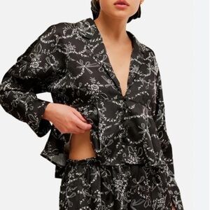 Intimately Free People Floral Bow Print V-Neck Button Down Boxy Shirt Black XL